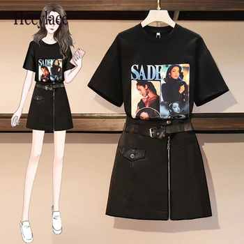 

plus size set Summer Women two piece set Casual O-neck Loose Character T-shirt Top + Skirt Mini Solid Zipper Fashion 2 piece Set