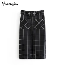 Huaxiafan юбки в клетку черные женские свободные брюки с поясом и карманами на молнии Женская мода зима осень модные прямые миди юбки
