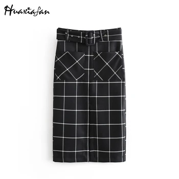 

Huaxiafan Plaid Skirts Split Black Women Bottoms Belt Pockets Zipper Female Fashion Winter Autumn Fashion Straight Midi Skirts