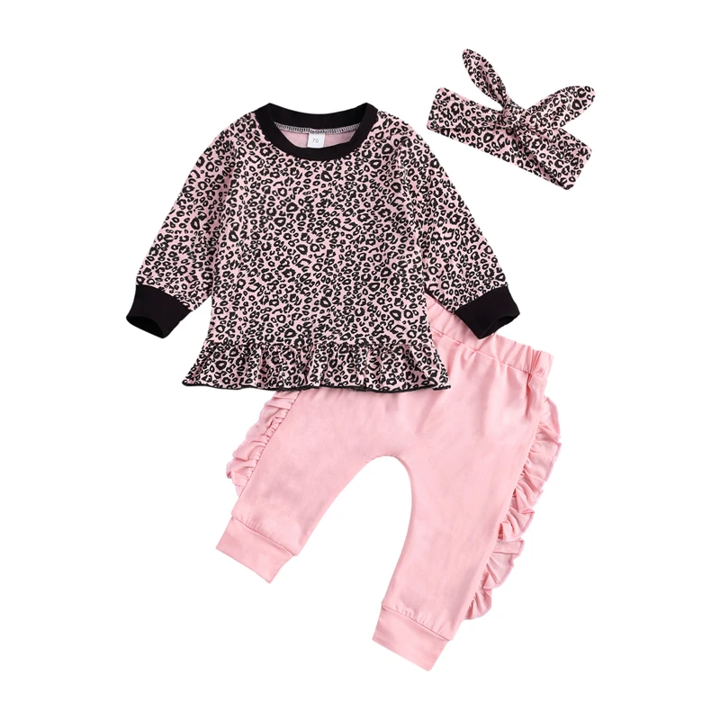 

BY Kids Baby Girls Outfit Set 3Pcs Clothing Set Cotton Long Sleeve Leopard Top+Pants+Headband Set for Children Girls Baby