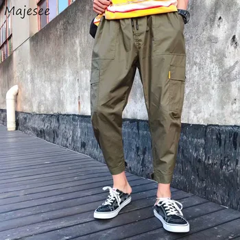 

Pants Men Leisure High Waist Cargo Trousers All-match Soft Solid Army Green Ankle-length Elastic Mens Pockets Loose Korean Style