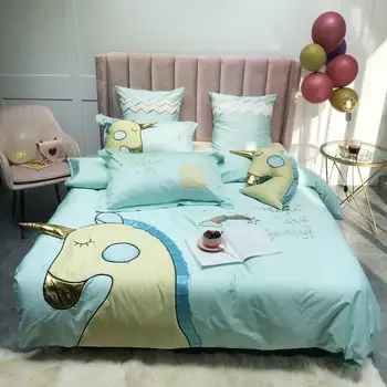

Unicorn Bedding Paste embroidery Bedding Set Cartoon Unicorn Elephant Egyptian Cotton Ultra Soft Duvet Covers Bed sheet Pillows