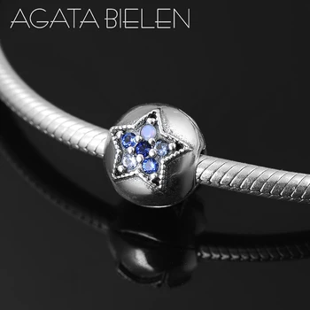 

925 Sterling Silver Blue CZ Shining star round fine Non-slip clips Lock beads Fit Original Pandora Charm Bracelet Jewelry making