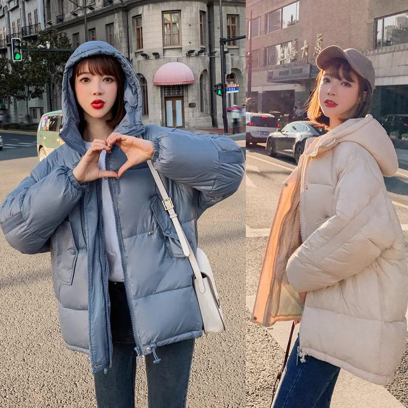 

Short Cotton-padded Clothes Women's 2019 Winter New Style Korean-style Loose-Fit INS down Coat Fashion Hooded Bright Surface dow