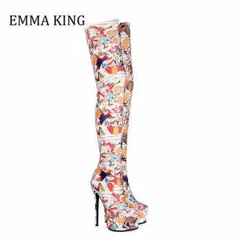 

Autumn Winter Women Sexy Platform Thigh High Boots 15cm High Heel Stilettos Stretch Printing Cloth Women Over The Knee High Boot