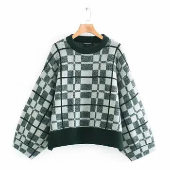 

Womens Winter Green Loose Retro Plaid Pullover Sweater ladies 2020 Fashion New female Knit Chic Elegant Simple Sweater