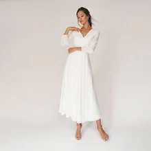 

Simple White Chiffon Wedding Dress For Woman Tea Length Ruffles With Sleeves Bridal Party Gown Civil Robe De Mariage 2021 A Line