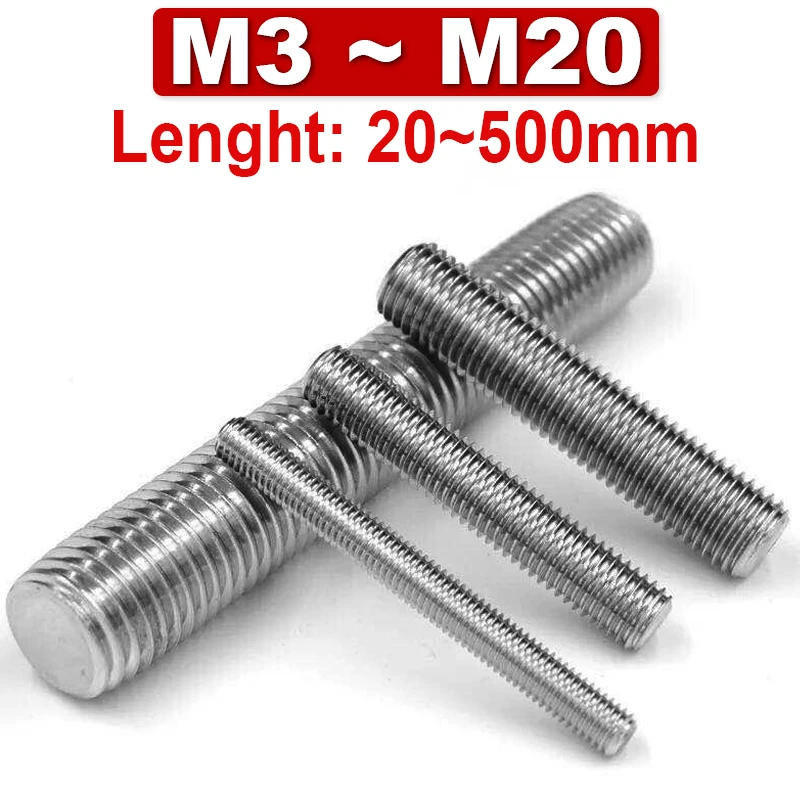 1PCS Threaded Rod 304 Stainless Steel Screw M2 M2.5 M3 M4 M5 M6 M8 M10 M12 M16 