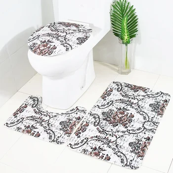 

3 PCS / Set Bathroom Pedestal Mat Toilet Rug Kit Printed Non-Slip Contour Rug Bath Mat Toilet Lid Cover
