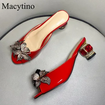 

Sexy ladies sandals crystal chunky high heels pointed toe high heel leather dress shoes crystal flower slippers summer slippers