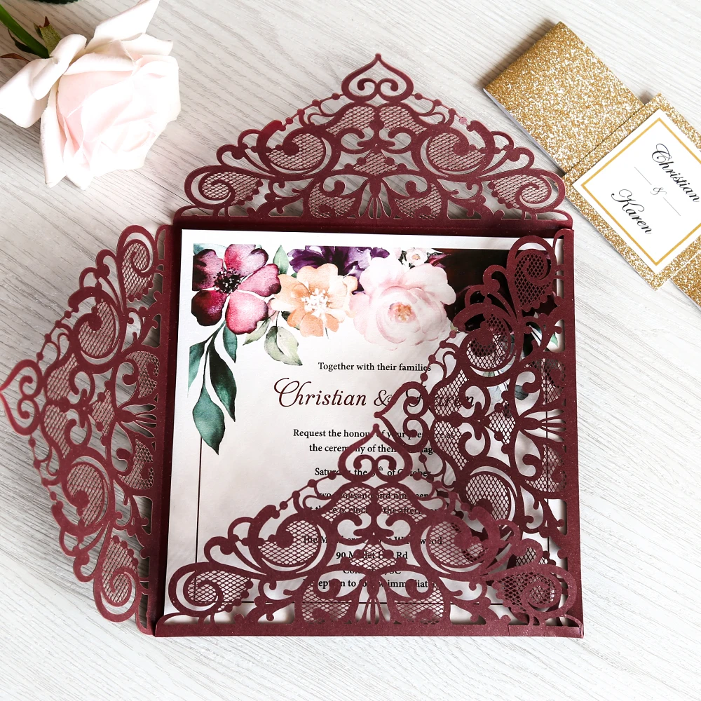  1pcs Burgundy Silver White Gold and Navy Blue Square Wedding Invitations with Gold Band - 4.00035E+12