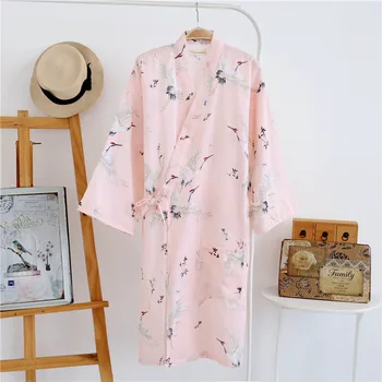 

Pink Negligee Print bath robe Loose Kimono Summer Ladies Home Basic Dressing Gown Cotton Long Nightdress Casual szlafrok damski