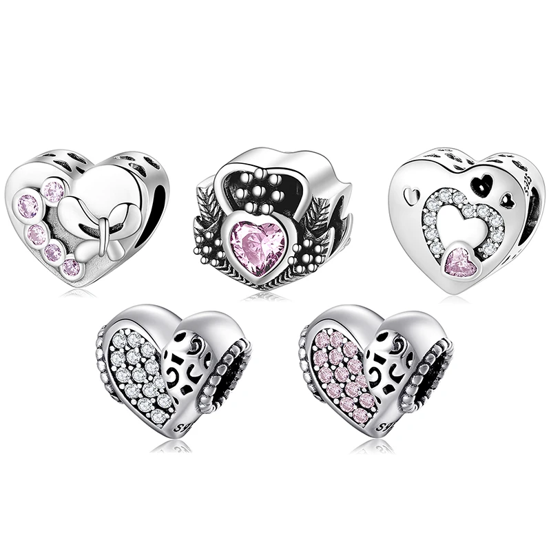 DIY подарок Стерлинговое Серебро 925 пробы розовый циркон сердце Love You подвески подвеска подходит для