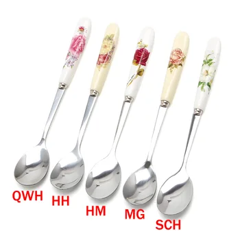 

2.5*15 cm Spoon Flower Porcelain Handle Tea Dessert Spoons Kitchen Tool Stainless Steel