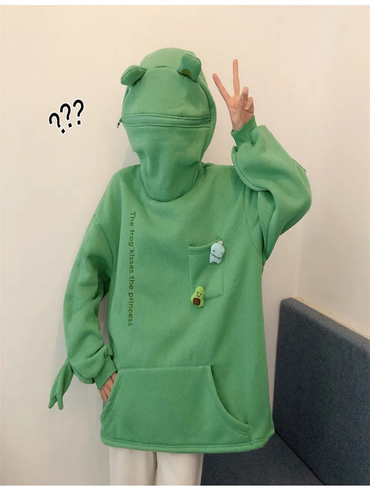 2021 New Trendy Cute Frog Head Plus Fleece Hooded Sweater Autumn And Winter Men's Women's Jackets | Женская одежда