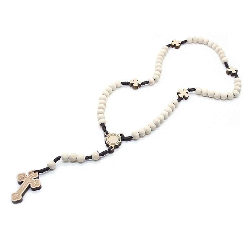 CHAPELET,Perles de prière religieuses en bois, chaîne, pendentif croix, Crucifix, collier