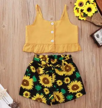 

2 Pcs Infant Summer Outfits, Toddler Sleeveless U-shaped Neck Ruffle Tank Top Sunflower Print Shorts with Belt