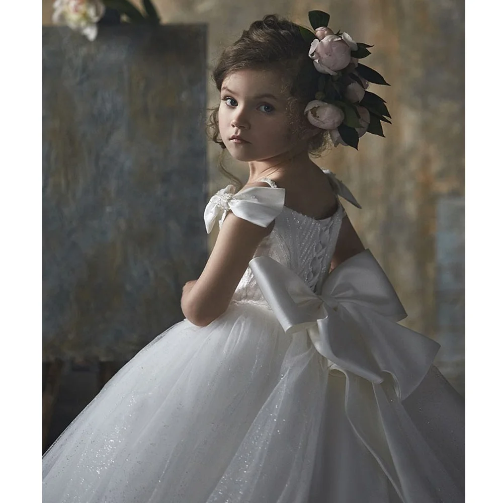 Элегантные кружевные платья с бантом на плечах для девочек; белое платье с цветочным узором для девочек; кружевное платье с большим бантом на спине