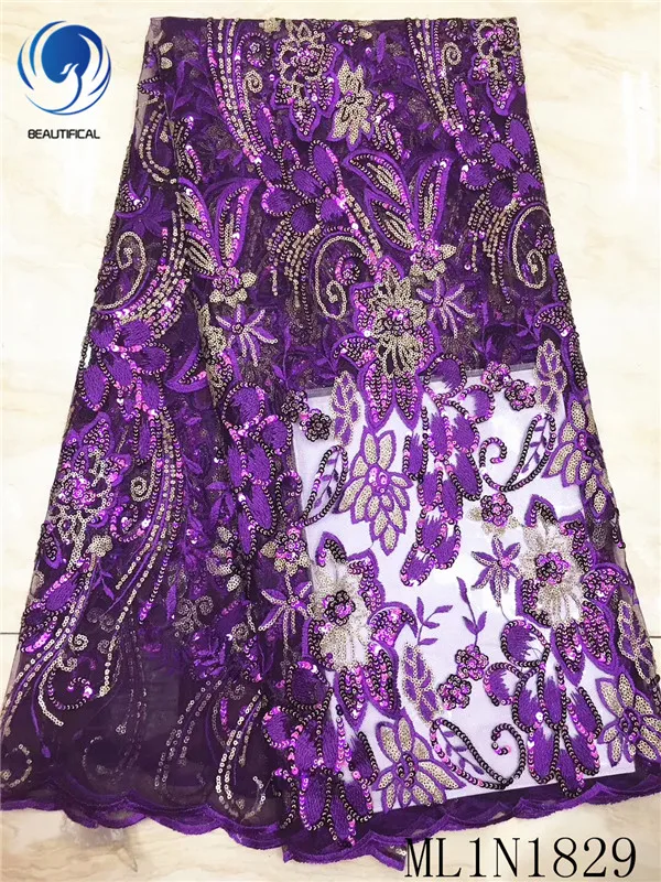 

BEAUTIFICAL African lace fabrics Purple embroidery net lace fabric for dress High quality nigerian lace sequins fabric ML1N1829