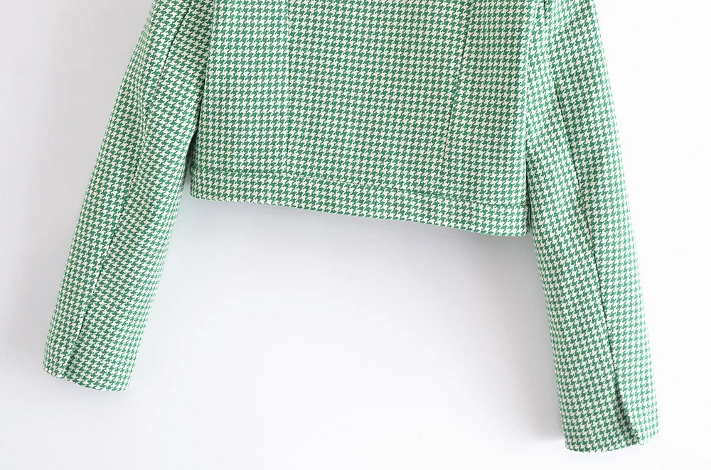 Retro French Style Green Check Plaid Weavon Cropped Blazer Women Notched Metal Buckle Buttons High Waist Suit Short Coat Outwear