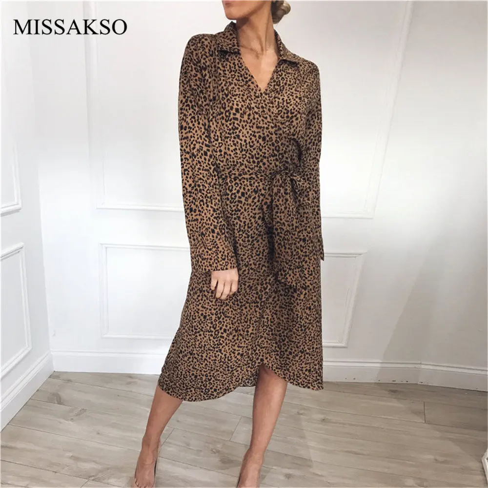 

Vintage Leopard Dress Party Long Sleeve Casual Lace Up Sashes Turn Down Collar Spring Autumn Office Lady Midi Dress Vestidos