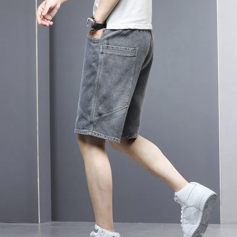 New Summer Korean Straight Loose Denim Shorts Mens Stretch Pockets Elastic Waist Adjustable Waist Large Size Knee Length Shorts casual shorts for men