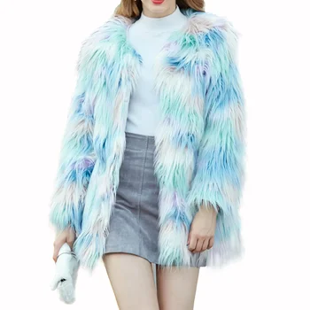 

Korean Style Faux Fur Coat Long Sleeve Blue And White Winter Coat Women Autumn Female Fur Coat Plus Size Fur Jacket Woman 3XL-M