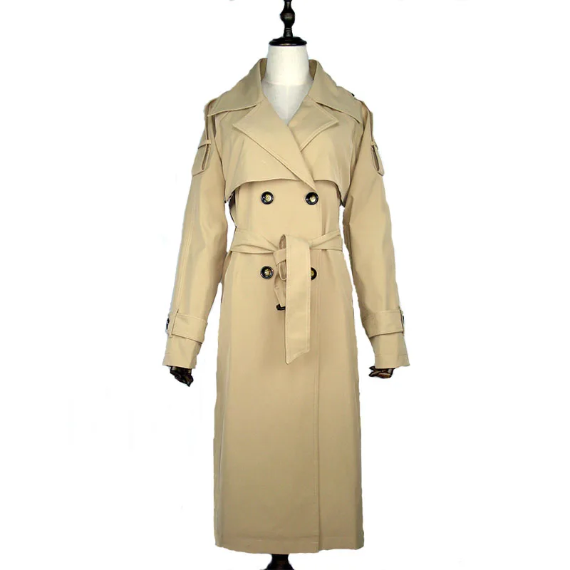 

Женский Длинный тренчкот, двубортная ветровка черного, красного, цвета хаки с отложным воротником