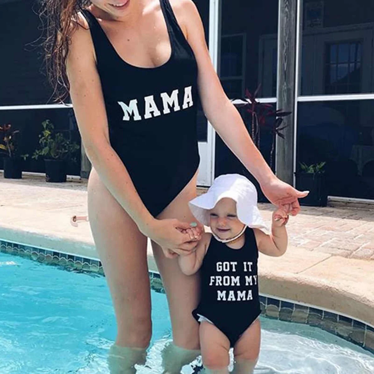 

Summer Mom Daughter One-Piece Swimsuits Family Matching Padded Swimwear Bathing Suits Backless Letter Print Swimsuit Monokini