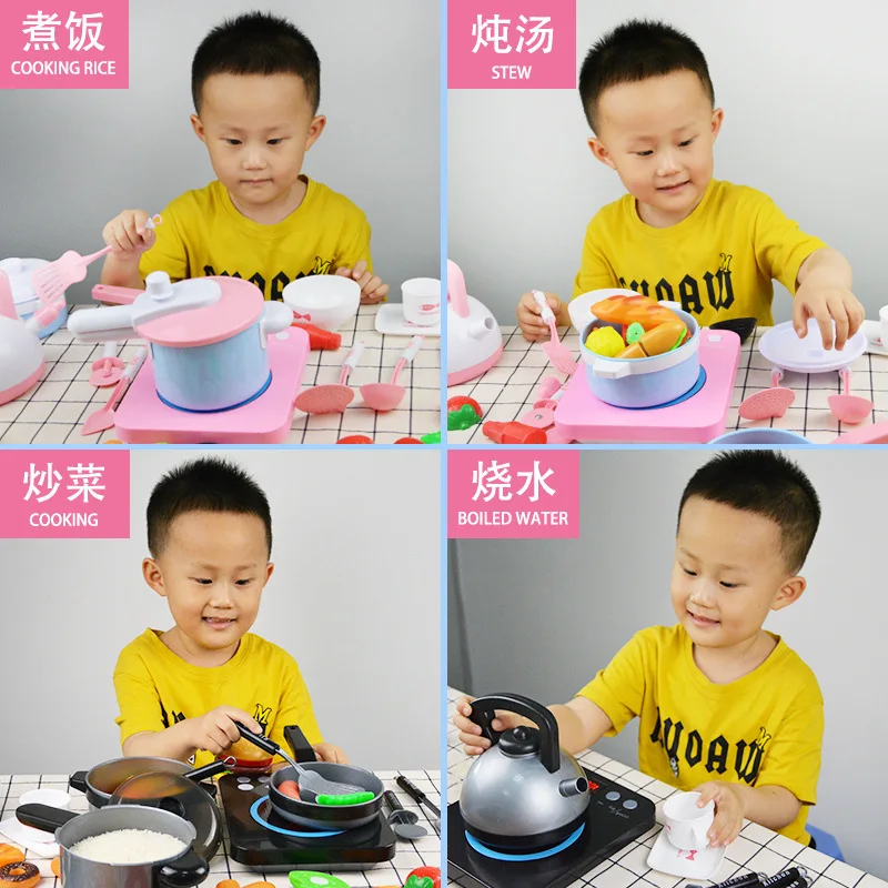 

Hot Selling English Version Electromagnetic Furnace Model Play House Kitchen Toy Hamburg Fruit Food Slicer Set