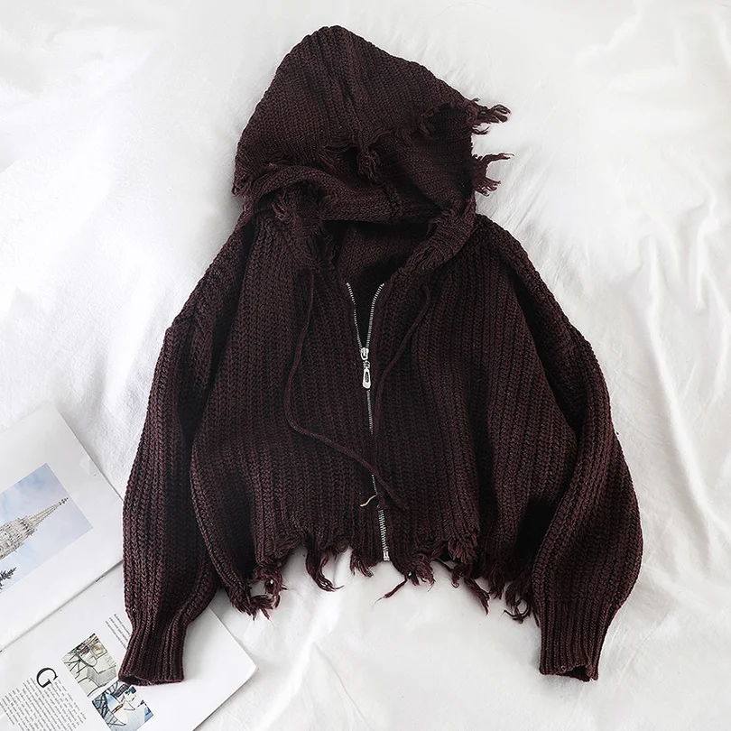 

TYHRU Autumn Women's Solid Color Long-sleeved Hooded Zipper Cardigan Tattered Raw Short Knit Sweater