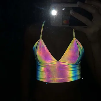 

Women Sexy Holographic Laser Tube Top Bra Thin Halter Design Bralette Strap Reflective Fashion Sleeveless Backless Tops Bra