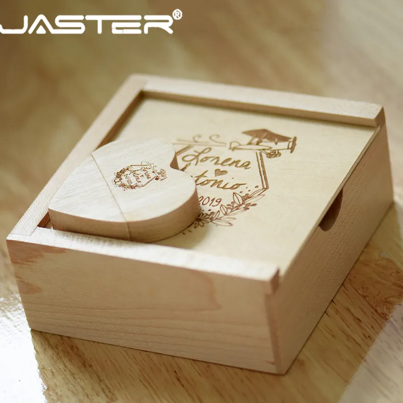 JASTER Custom LOGO USB 2.0 Wooden Heart + Box USB Flash Drive 4GB 8GB 16GB 32GB 64GB 128GB 4