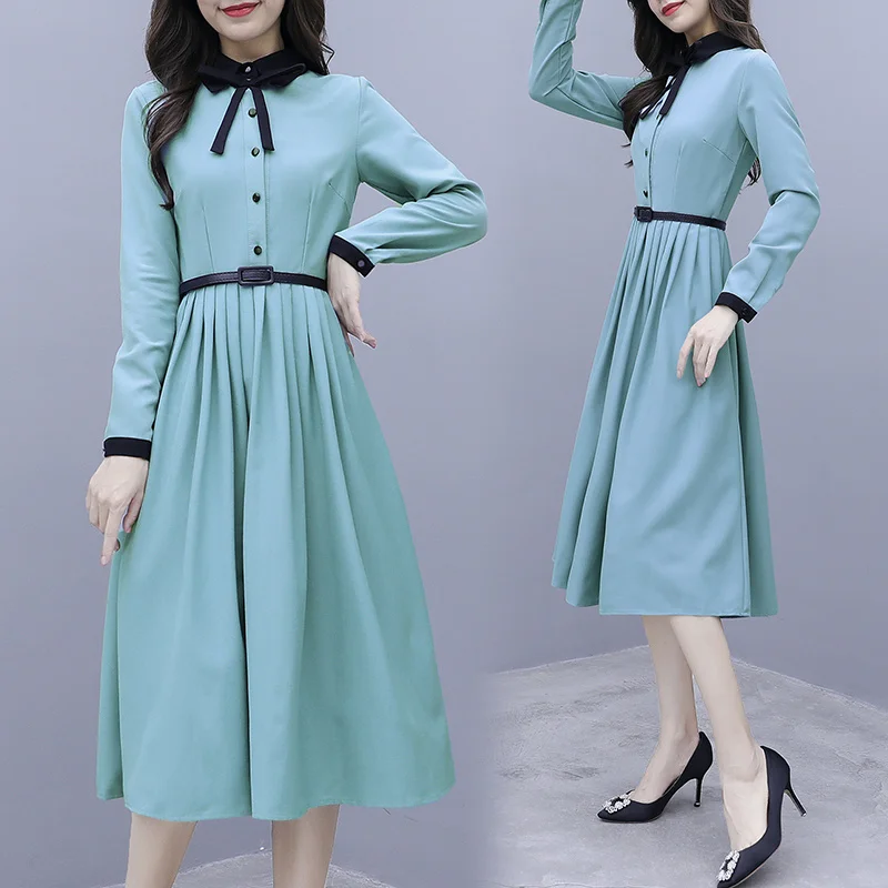 

New Women Spring Autumn Long Sleeve Dress Fashion A-Line Pleated Shirt Dress Elegant Ladies Office Work Casual Dress Femme