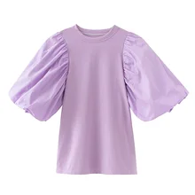 2020 summer new French niche design sense of versatile slim slim purple stitching bubble sleeve top female short shirt