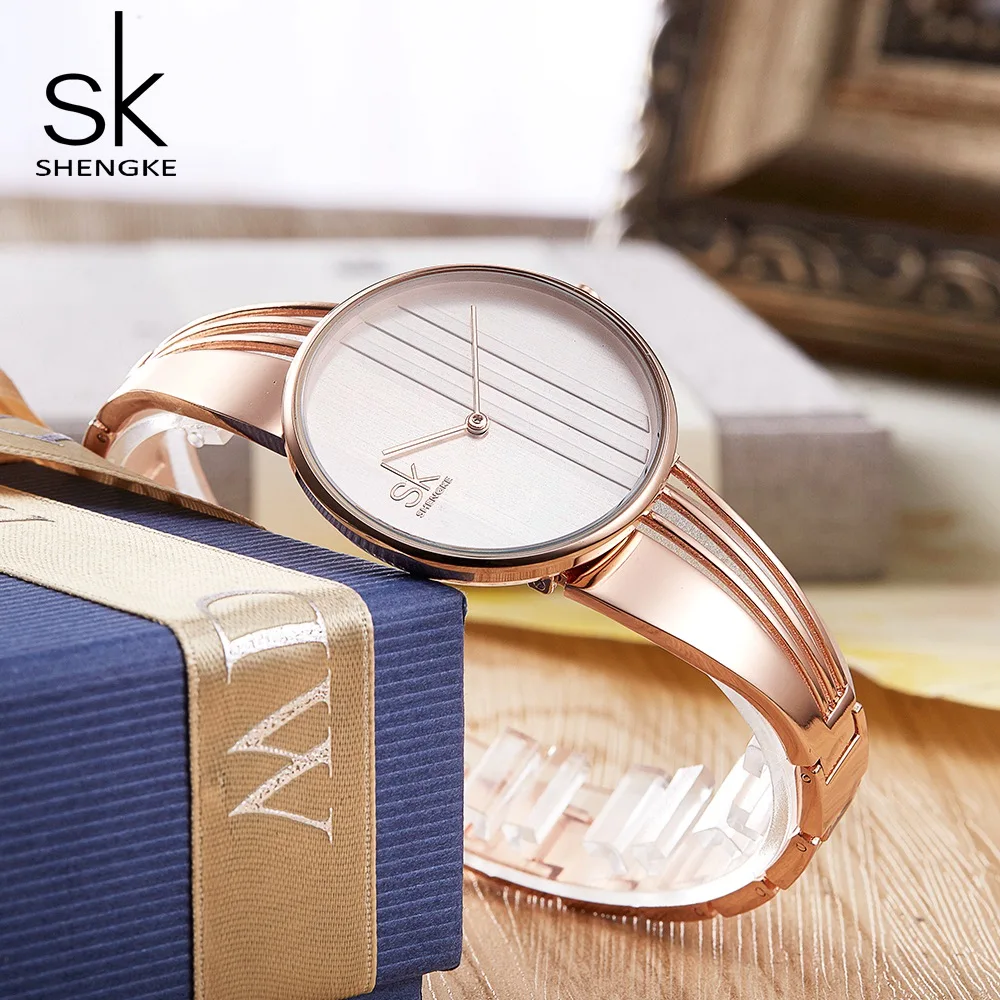 Shengke модные женские часы, браслет из розового золота, водонепроницаемые часы с ремешком из нержавеющей стали, Женские уникальные часы под платье, женские часы