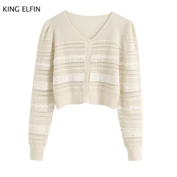 

KING ELFIN fashion Za cardigan women 2020 summer leisure slim stripe splicing V-neck single breasted hollow knitting coat female