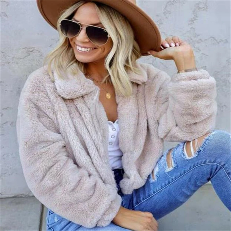 Plus Size Women's Teddy Bear Winter Warm Thick Fluffy Coat Lapel Fleece Fur Casual Short Jacket Top Vintage Solid Clothes S-3XL