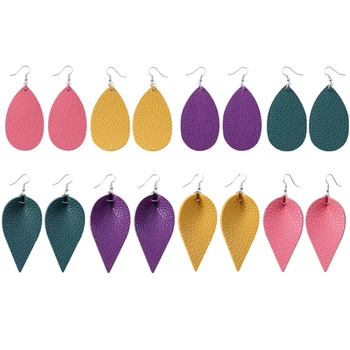 

8Pairs/lot Green Purple Pu Leather Earrings Set 2020 New Leaf Bucket Shape Korean Earings Drop For Women Earing Trendy Jewelry
