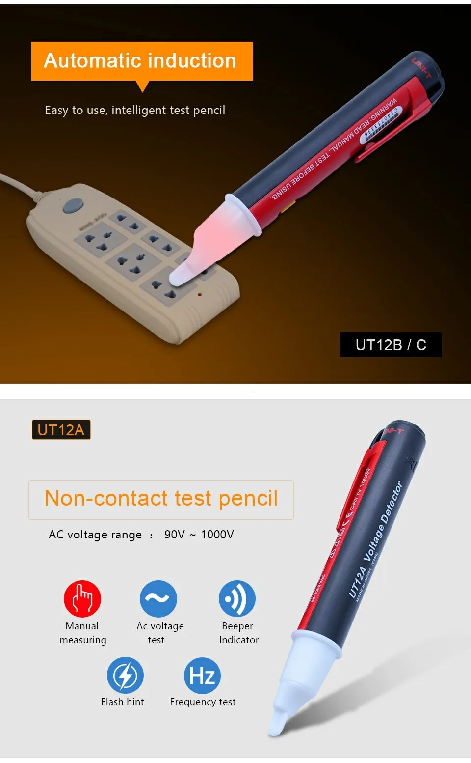 UNI-T UT12C AC Напряжение детектор Бесконтактный Напряжение ручка Тестер 90 V-1000 V 50/60 Гц Авто Мощность Off бипер вибрирующий индикатор