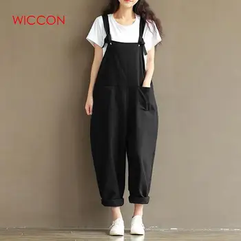 

WICCON Womens Casual Loose Cotton And Linen Jumpsuit Strap Bodysuit Overalls Loose Preppy Style Harem Rompers Womens Jumpsuit
