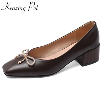 

Krazing pot genuine leather square toe med heel high quality brand shoes butterfly-knot sweet pretty girls basic women pumps L22