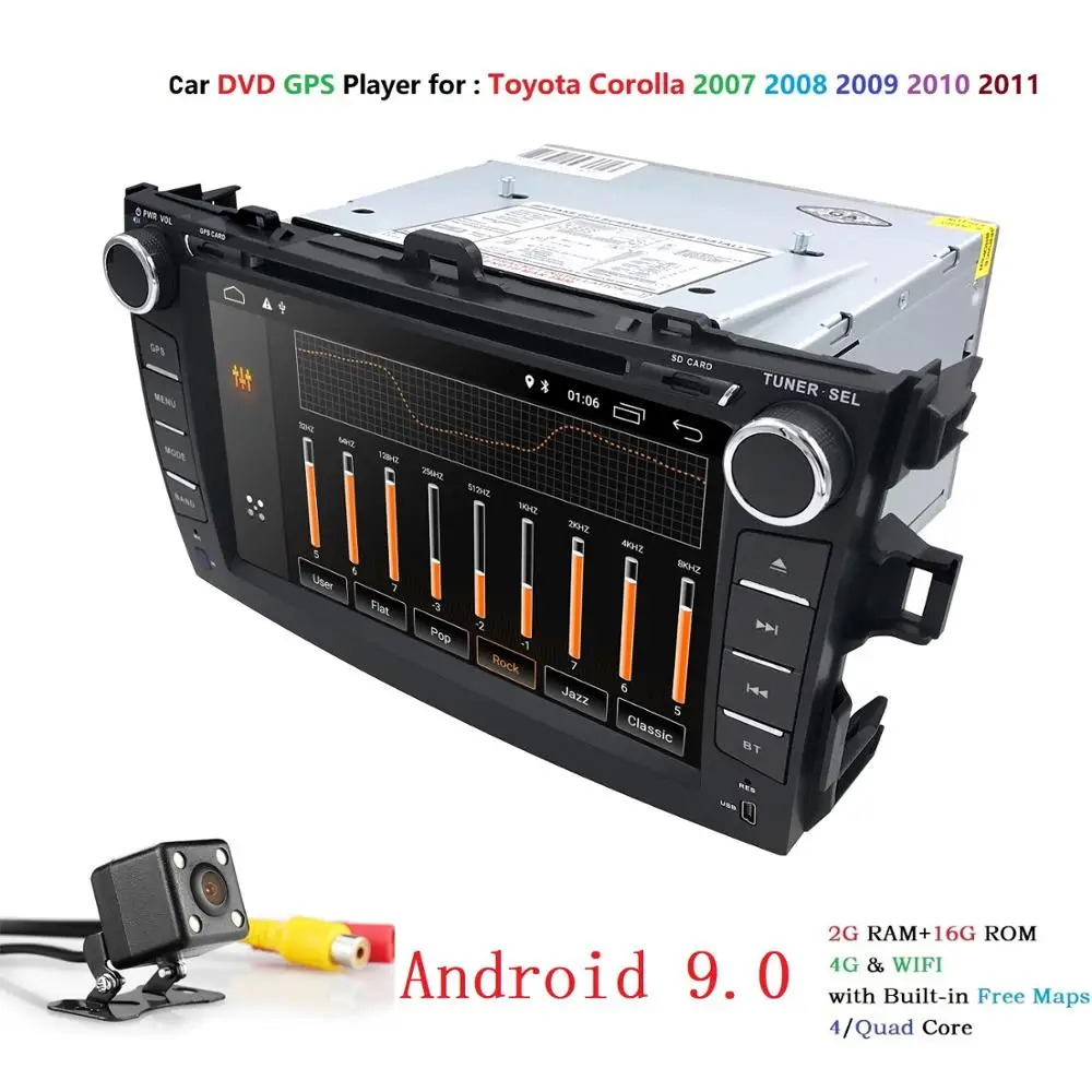 Два Din Android 9.0 автомобильный dvd-плеер для Toyota Corolla 2007-2011 Радио стерео Поддержка gps wifi 4G Bluetooth wifi OBD2 DAB+ камера
