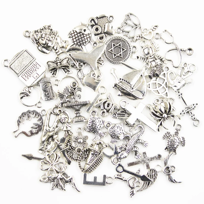 30pcs Silver Charms Sun Moon Horse Crown Leaf Fish Clover Antique Bronze Silver Color Mixed Pendants DIY Making Findings Tibetan Jewelry