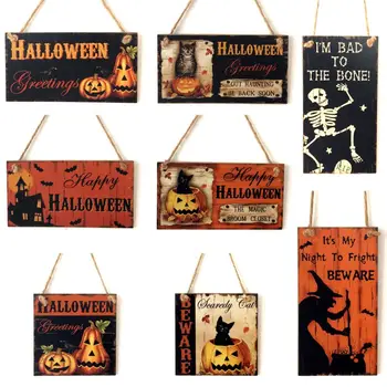 

Happy Halloween Pumpkin Skull Hanging Sign Wooden Board Plaque Prop Home Decor