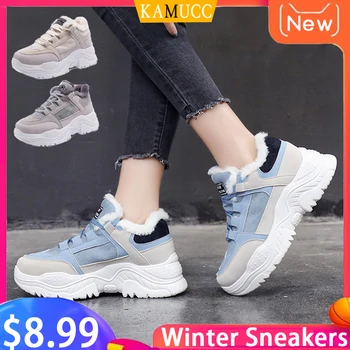 

KAMUCC Women Casual Sneakers Winter Sneakers Plush Fur Warm Women Shoes Lace Up Female Boots Comrfortable Platform Shoes Women