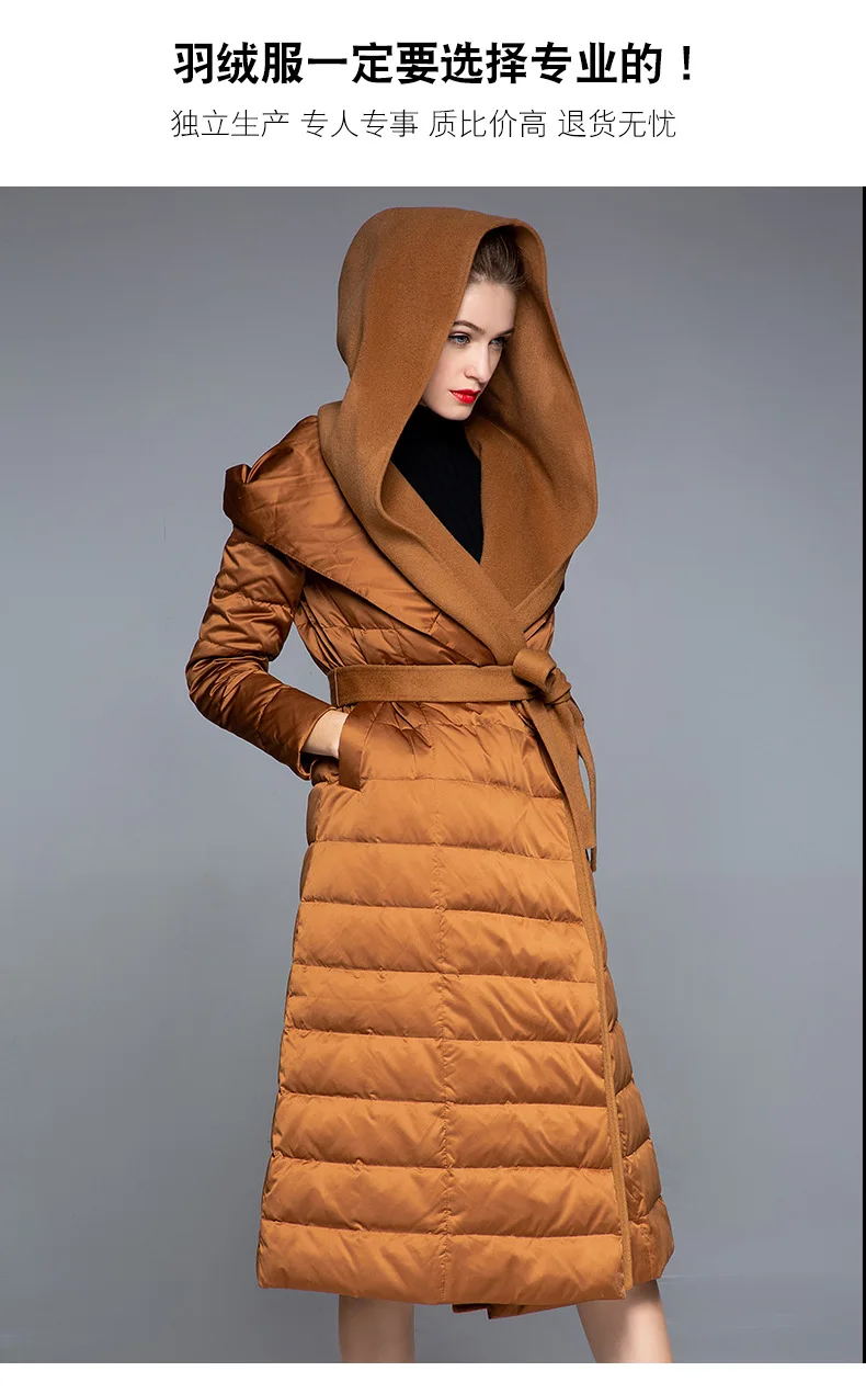 Высокое качество, зима, женское кашемировое длинное пуховое пальто с капюшоном и длинным рукавом