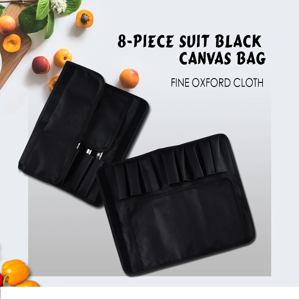 

Damask 8 Pcs Kitchen Knife Bag Durable Black Canvas Roll Bag With 8 pockets For Kitchen Tools Chef Knife Portable Knife Holder