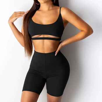 

Women Black Sexy Strap Two Piece Sets Sleeveless Hollow Out Crop Top Short Tracksuits Orange Summer Backless Club Bodycon Outfit