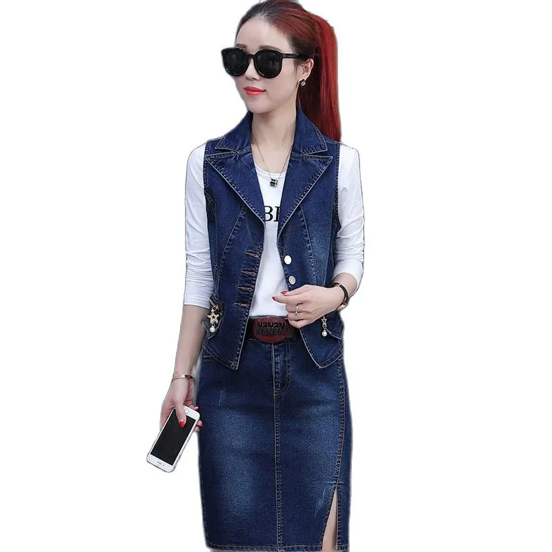 

Women Denim Set 2021 Female Cowboy Vest+Denim Hip Skirt Two-Piece Suit Lady Fashion Cowboy Skirt 2 Piece Set S-3XL 2PCS B1137